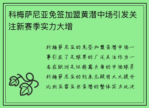 科梅萨尼亚免签加盟黄潜中场引发关注新赛季实力大增