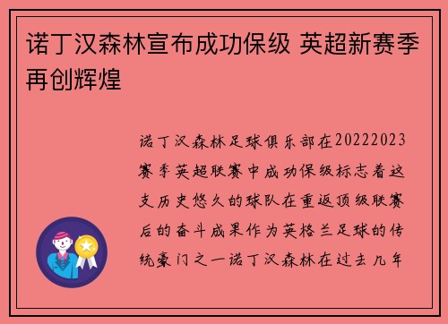 诺丁汉森林宣布成功保级 英超新赛季再创辉煌