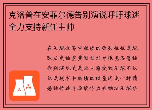 克洛普在安菲尔德告别演说呼吁球迷全力支持新任主帅